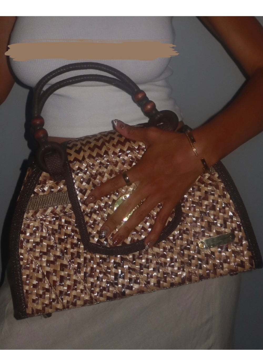 Vintage Boho Woven Brown Bag & Wallet Set with Leopard Lining